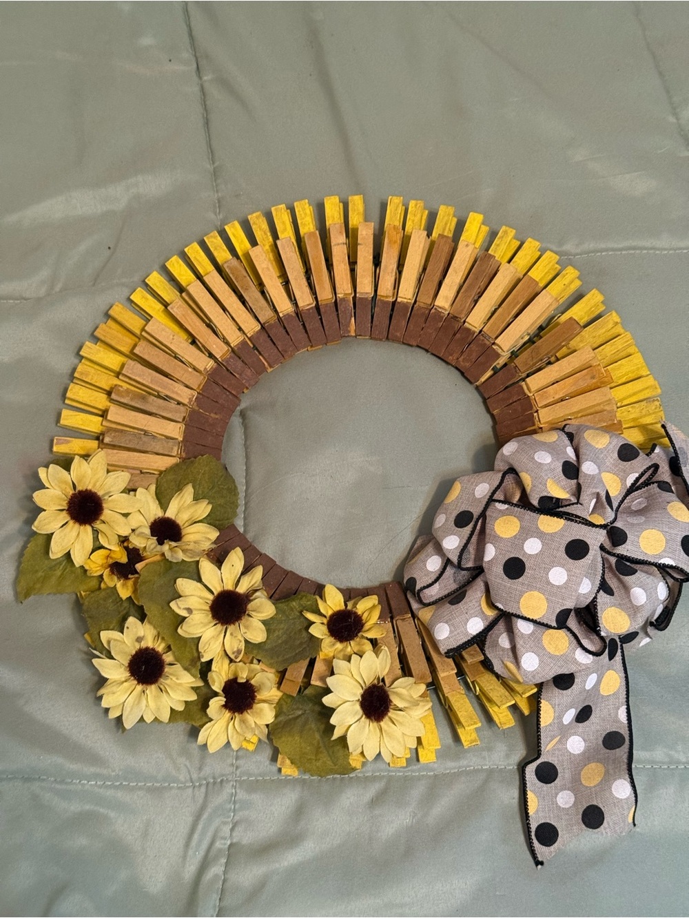 Yellow Sunflower hand made  Clothespin Wreath with Polka Dot Bow